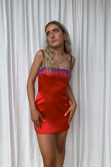 Guizio - Satin Beaded Dress in Cherry Red