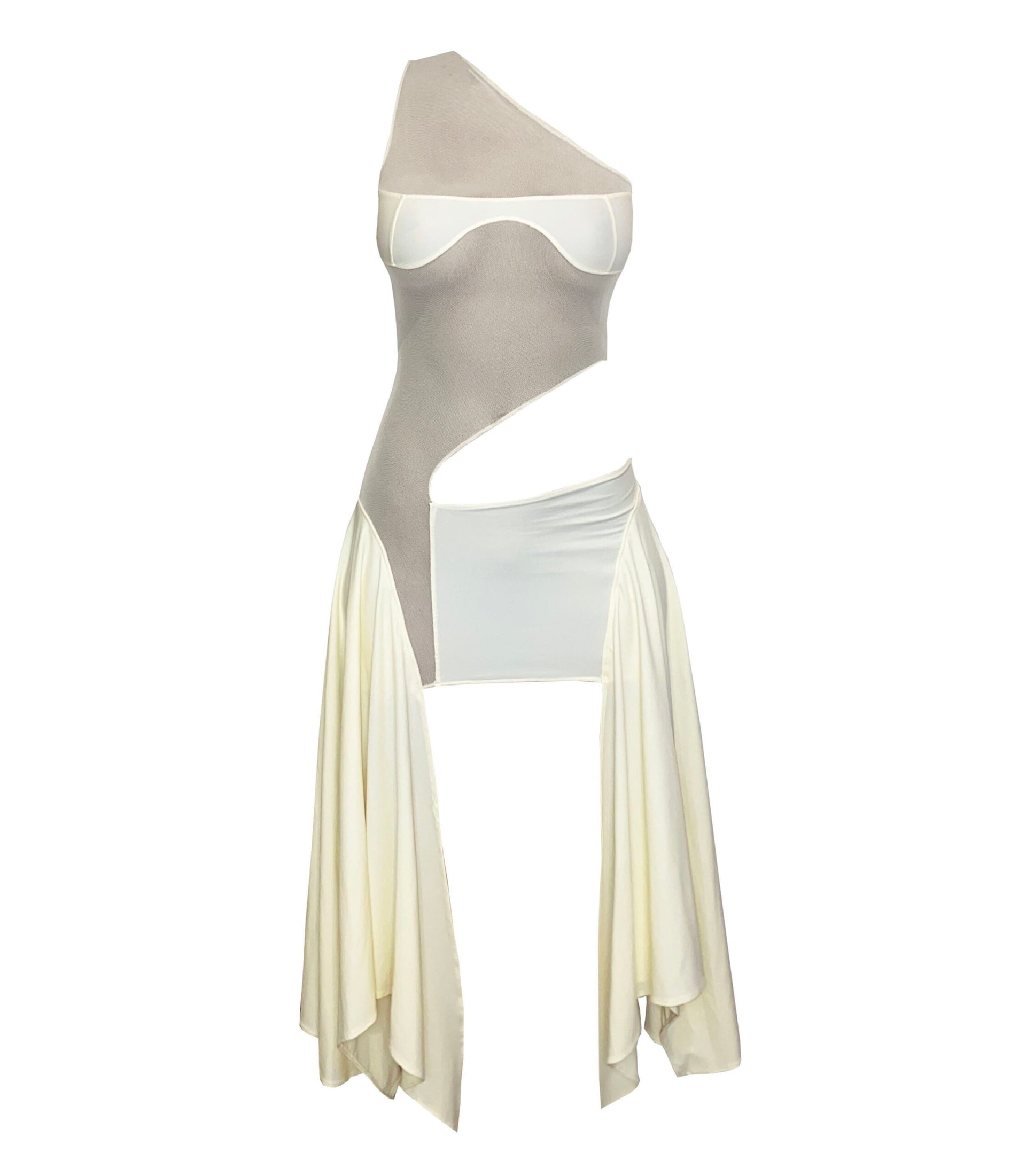 Sketch-y - Mesh Cut Out dress in Ivory Yellow Tricot